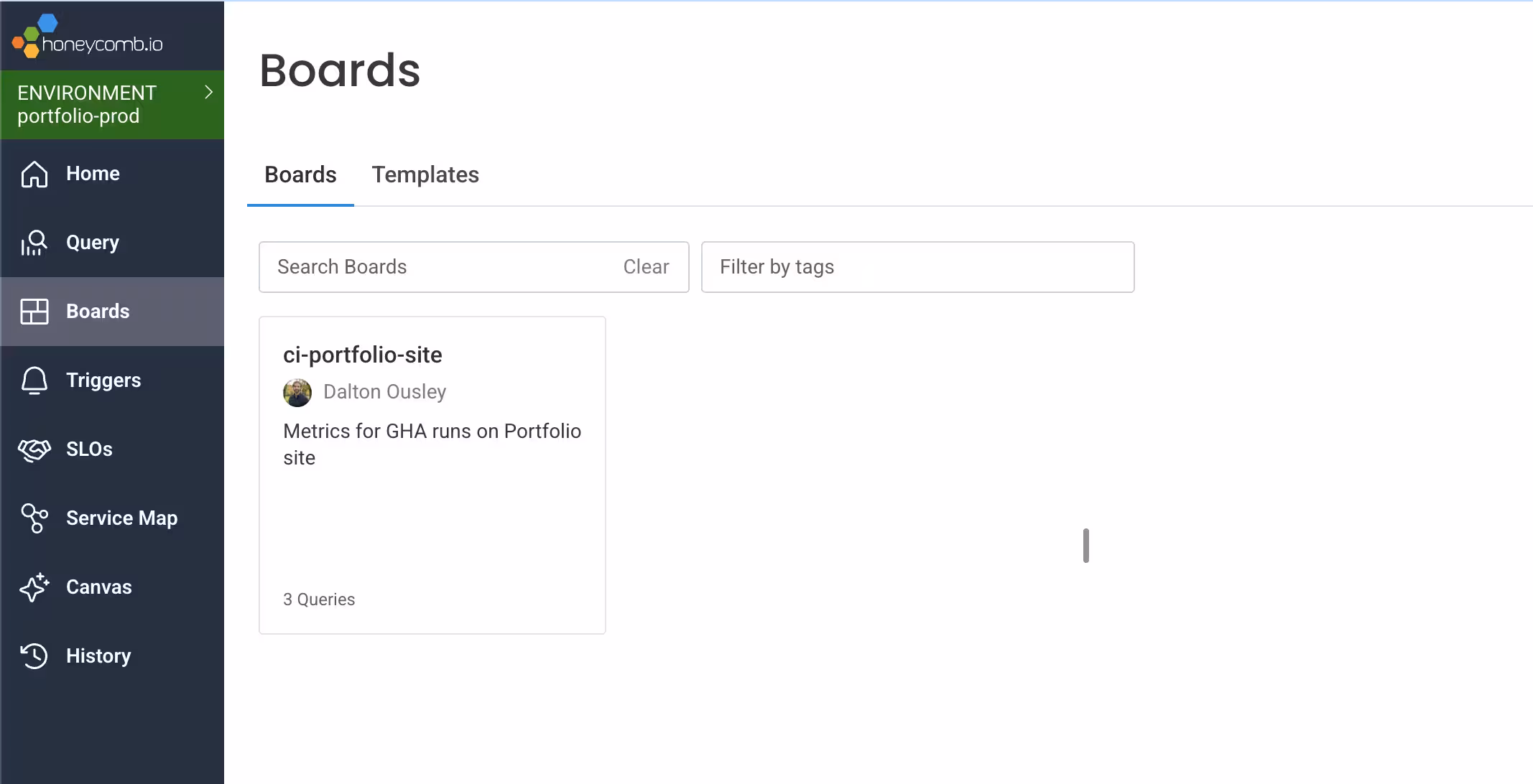 CI portfolio site board in Honeycomb